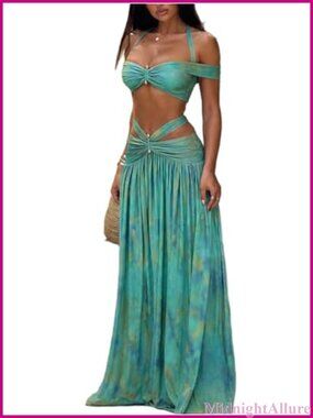 Women 2 Piece Skirt Set Halter Crop Top Maxi Skirt Summer Beach Outfit